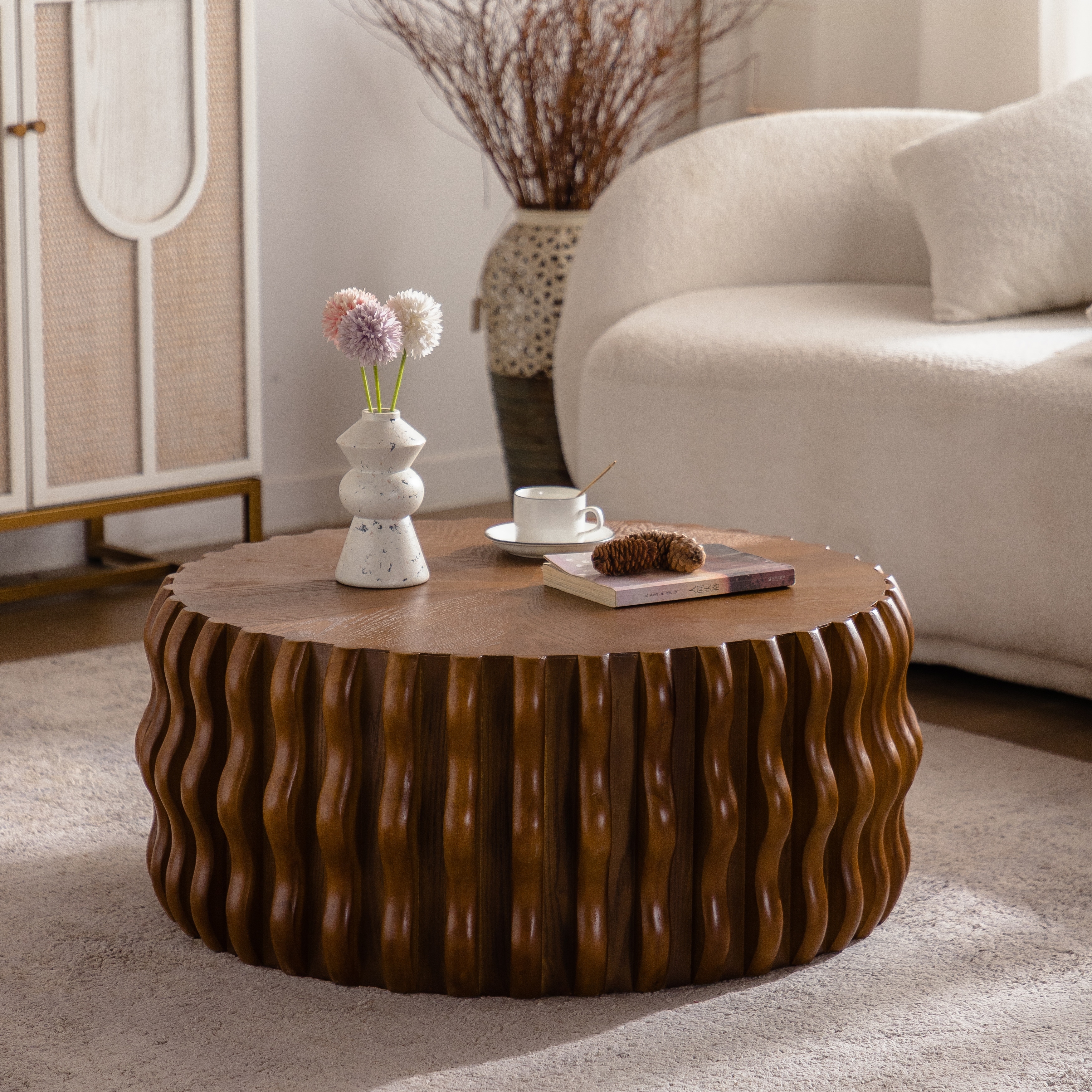 GDFStudio - Mid-Century Modern Fluted Drum Coffee Table with Ribbed Wave Design - Solid Wood Top