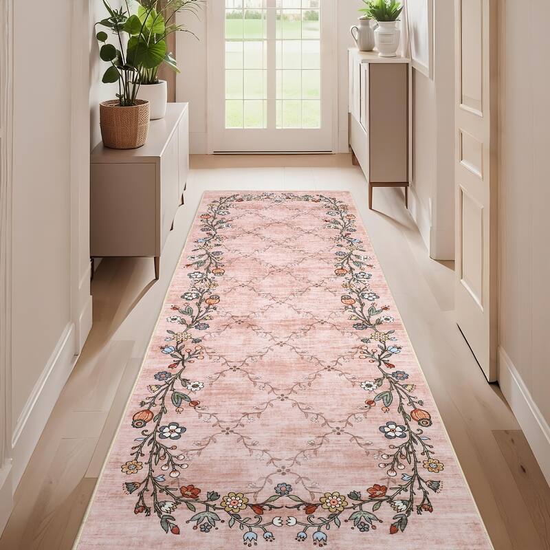 Floral Area Rugs for Living Room Low Pile Non Slip Rugs Washable Soft Foldable Accent Carpet Home Decor
