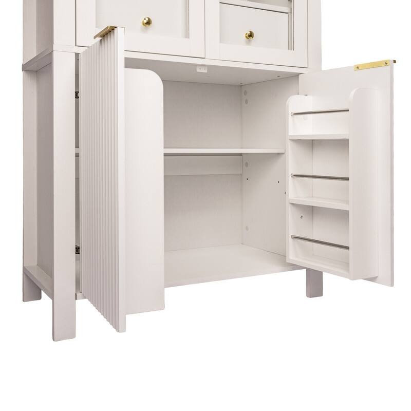 71" Tall Fluted Arched Pantry Cabinet with Glass Doors and Adjustable Shelves for Elegant Kitchen Storage