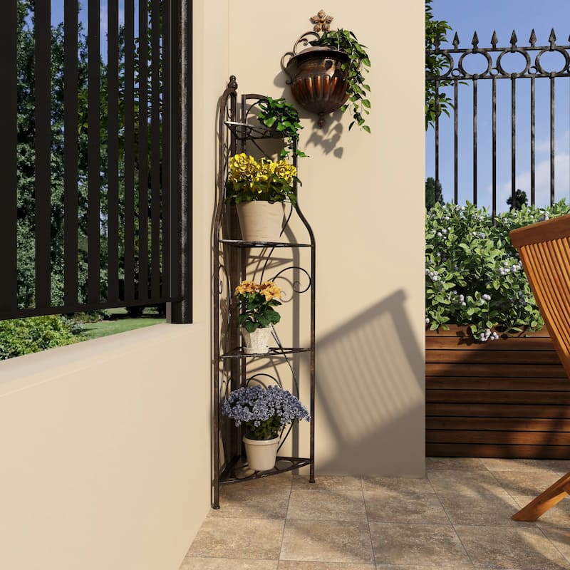 Metal Scroll Indoor Outdoor Arched Tall Folding Corner 4 Shelf Bakers Rack - Black - Roche River Decor