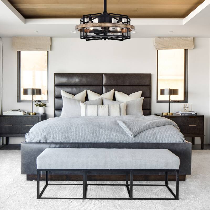 20" Industrial Black Metal Caged Bladeless Ceiling Fan Chandelier with Remote