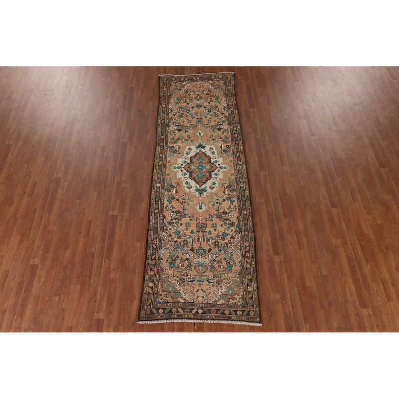 Hamedan Persian Vintage Runner Rug Hand-Knotted Wool Carpet - 3'7"x 10'9"