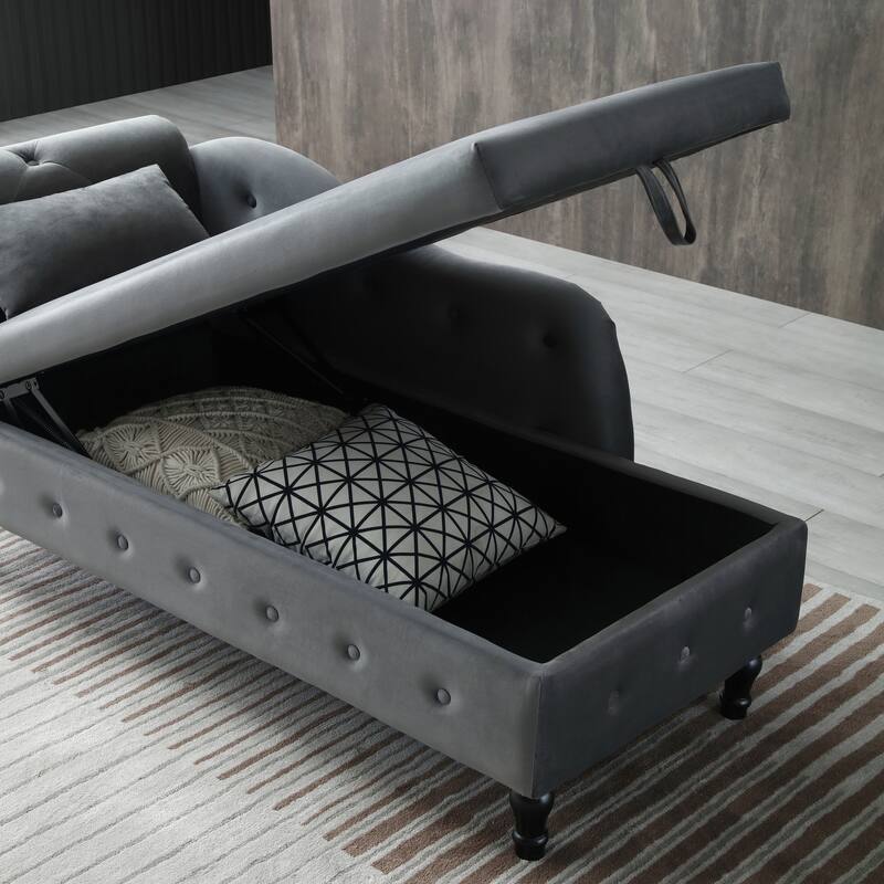 Grey Modern 60" Velvet Upholstered Buttons Tufted Chaise Lounge Chair with Solid Wood Legs and Storage