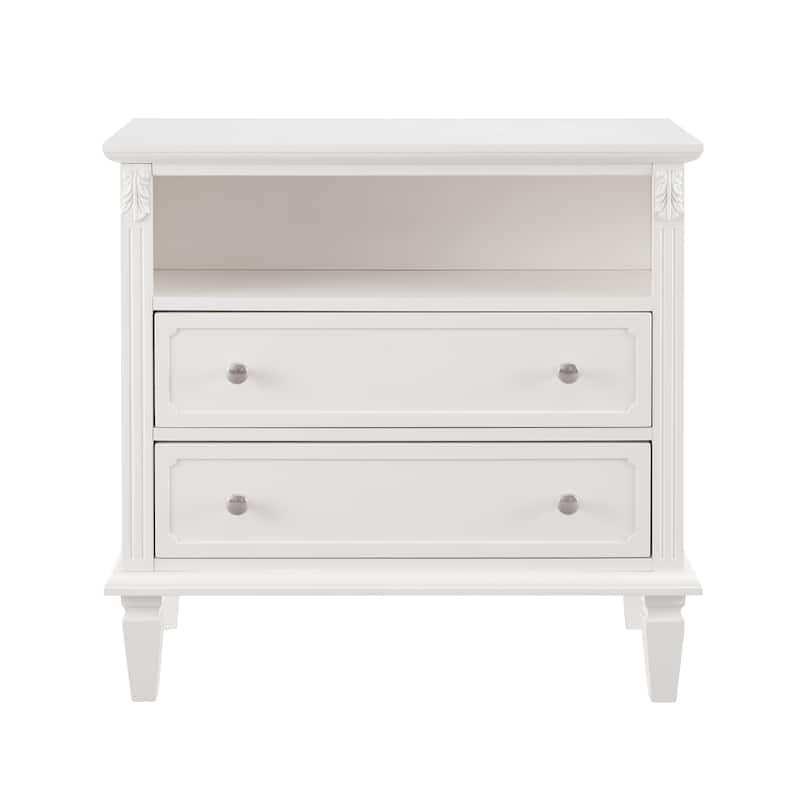 Farmhouse Nightstand with 2 Drawers and Charging Station, Solid Wood Legs, USB Ports & Open Shelf, Fluted Design End Table