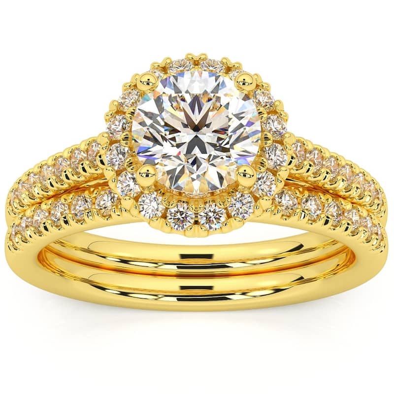 F/VS 1.50Ct Halo Diamond Engagement Wedding Ring Set Gold Lab Grown