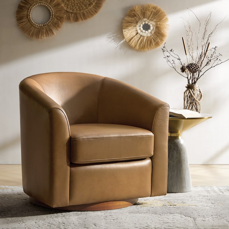 Althea Modern Genuine Leather Swivel Barrel Chair with Solid Wood Base By HULALA HOME - Camel