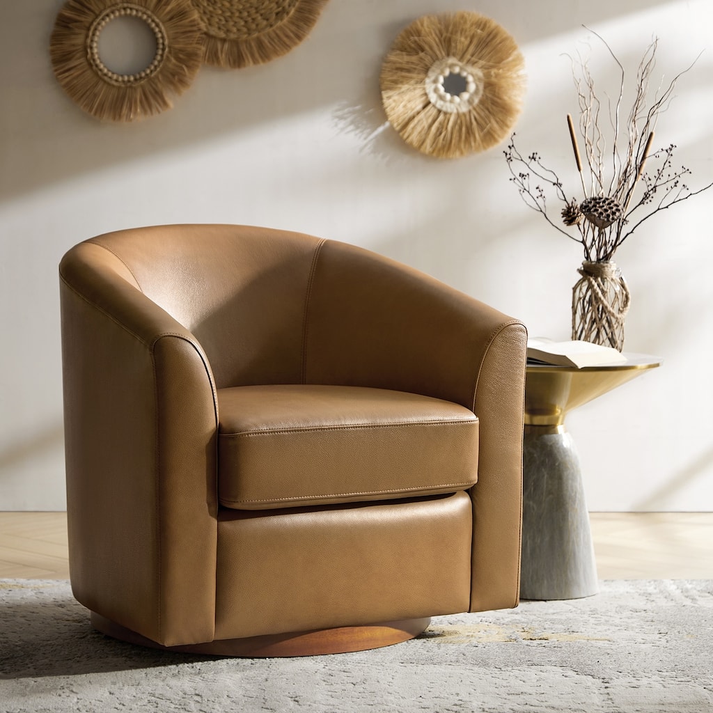 Althea Modern Genuine Leather Swivel Barrel Chair with Solid Wood Base By HULALA HOME