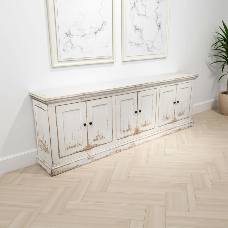 Miy Sideboard Buffet Cabinet, 6 Door, Antique White Pine Wood 106 Inch