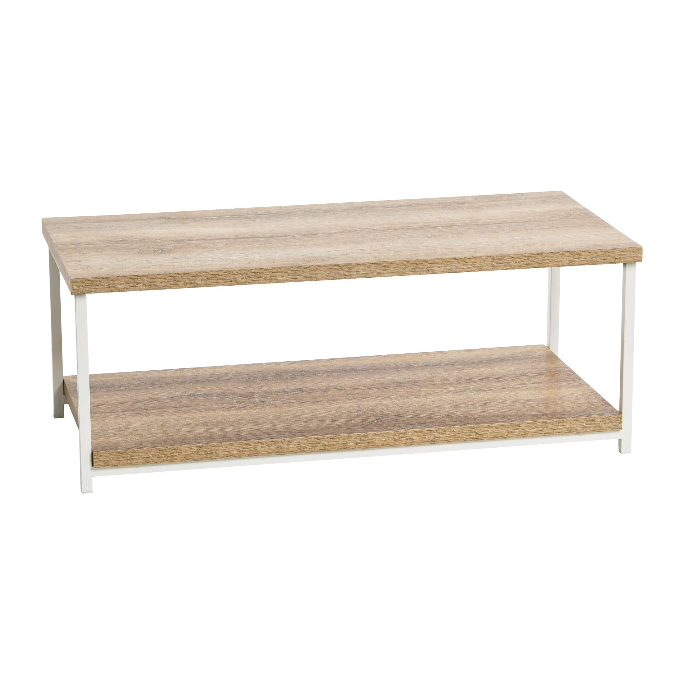 39.25-inch Rectangular Coffee Table with Storage Shelf, Coastal Oak Rustic Wood Grain White Metal