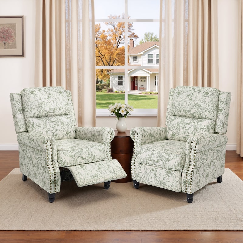 Mid-Century Nailhead PU Leather Linen Recliner - 2 SET/Rococo Green/Linen