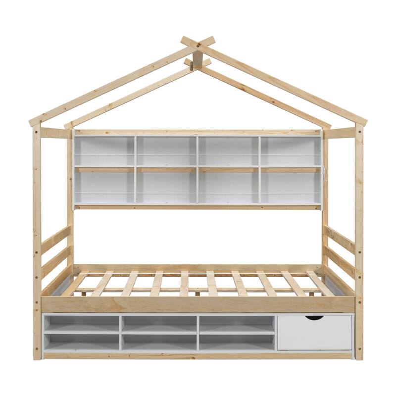 Full House Bed with Roof Frame, Bedside-shelves, Under Bed Storage Unit