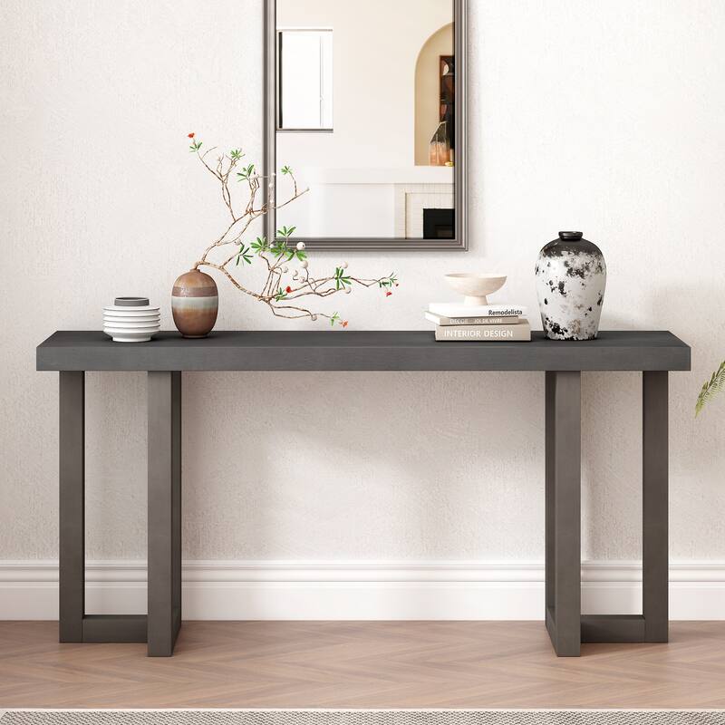 63" Geometric Design Console Table with Solid Pine Legs - Grey