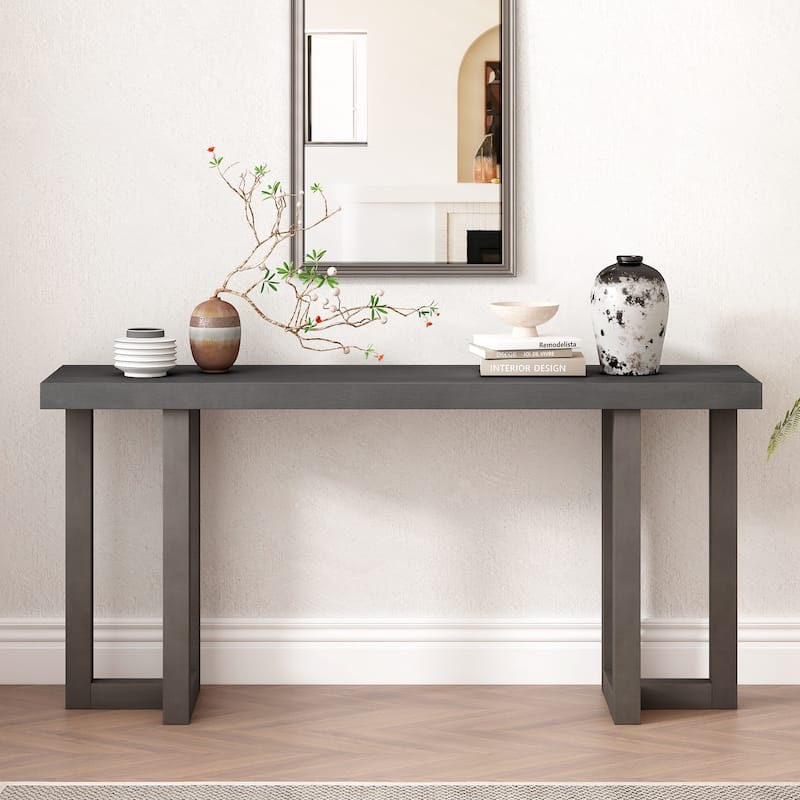 Geometric Design Console Table with Solid Pine Legs, 63" Extra Long Wooden Entryway Table, Living Room Sofa Table
