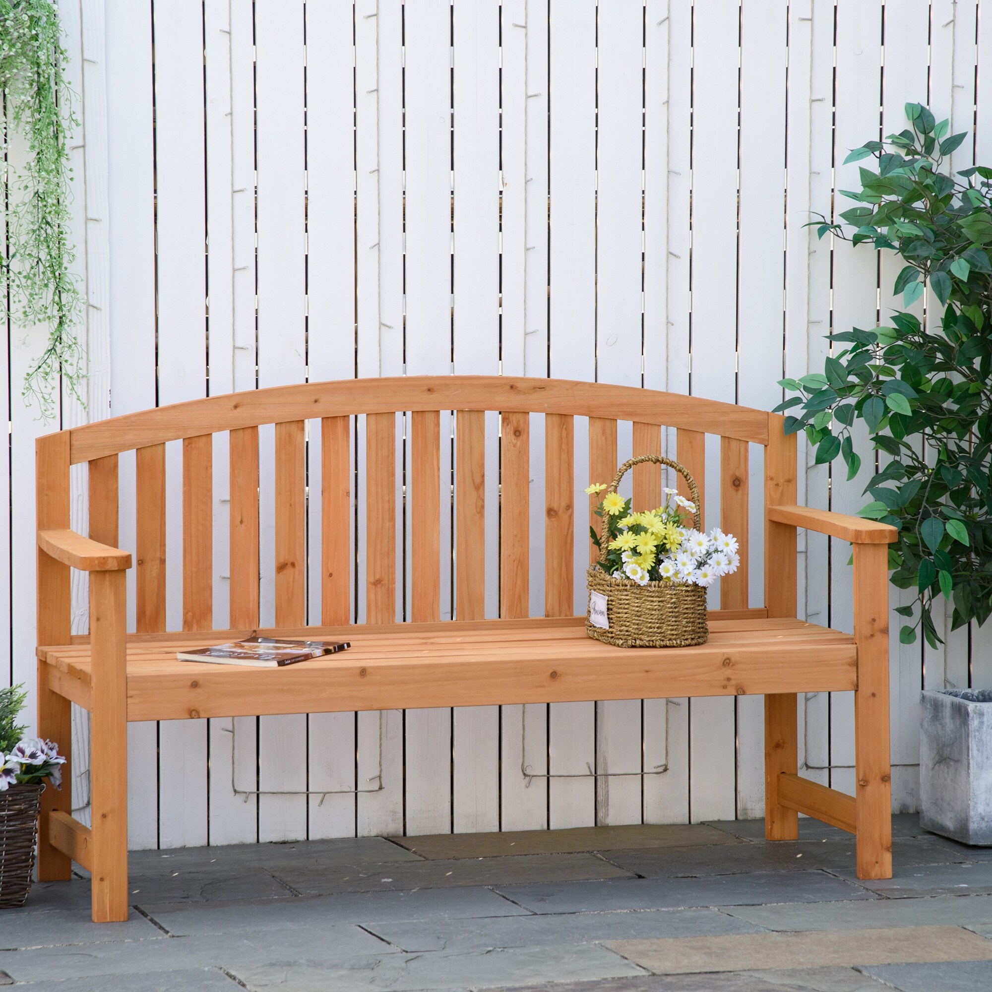 Outsunny 2-Person Wooden Outdoor Garden Bench With Wagon Wheel Legs – Rustic Fir Wood, 550 Lb Capacity