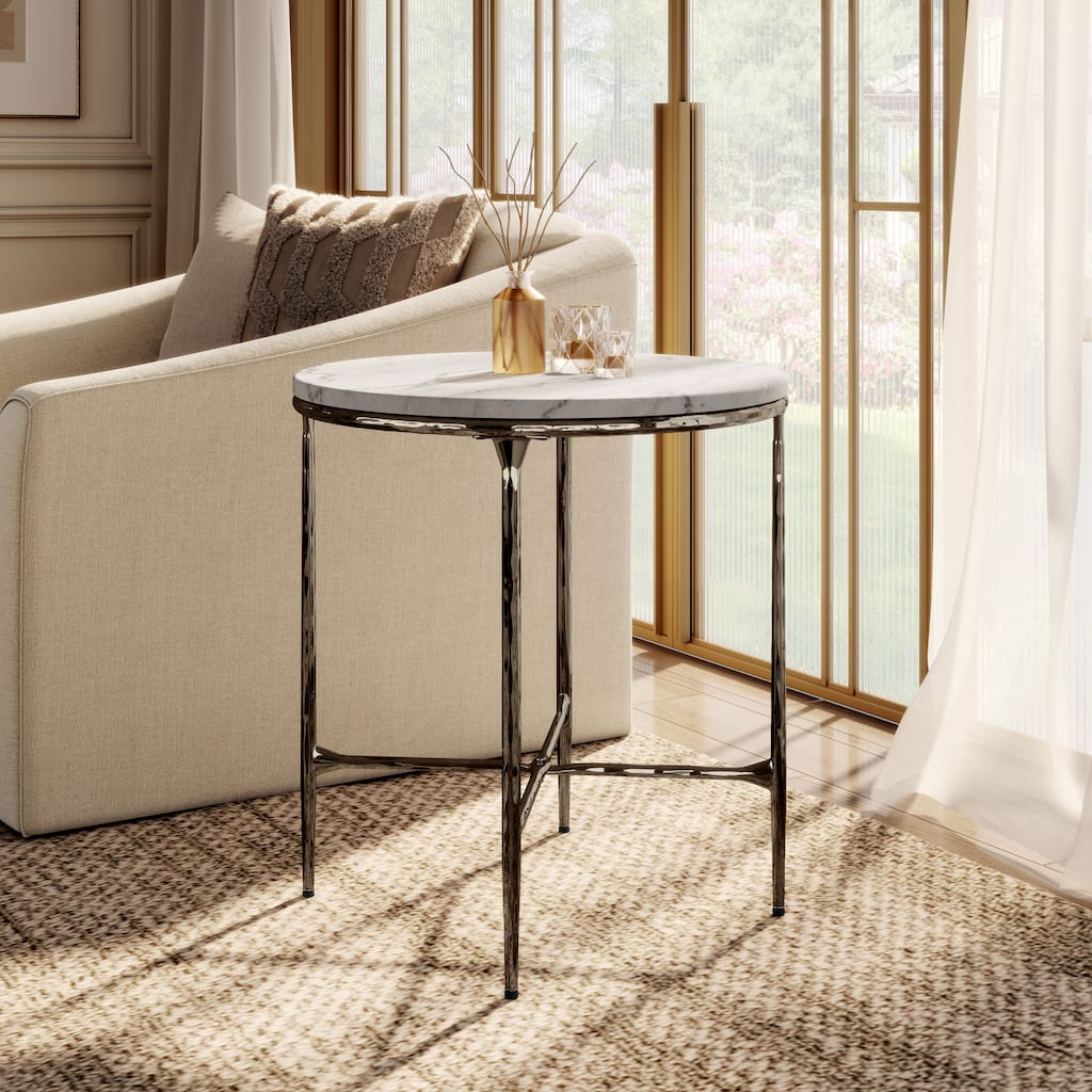 247 Shop At Home Aureum Modern Hammered Dark Bronze Metal White Genuine Marble End Table with X-Brace