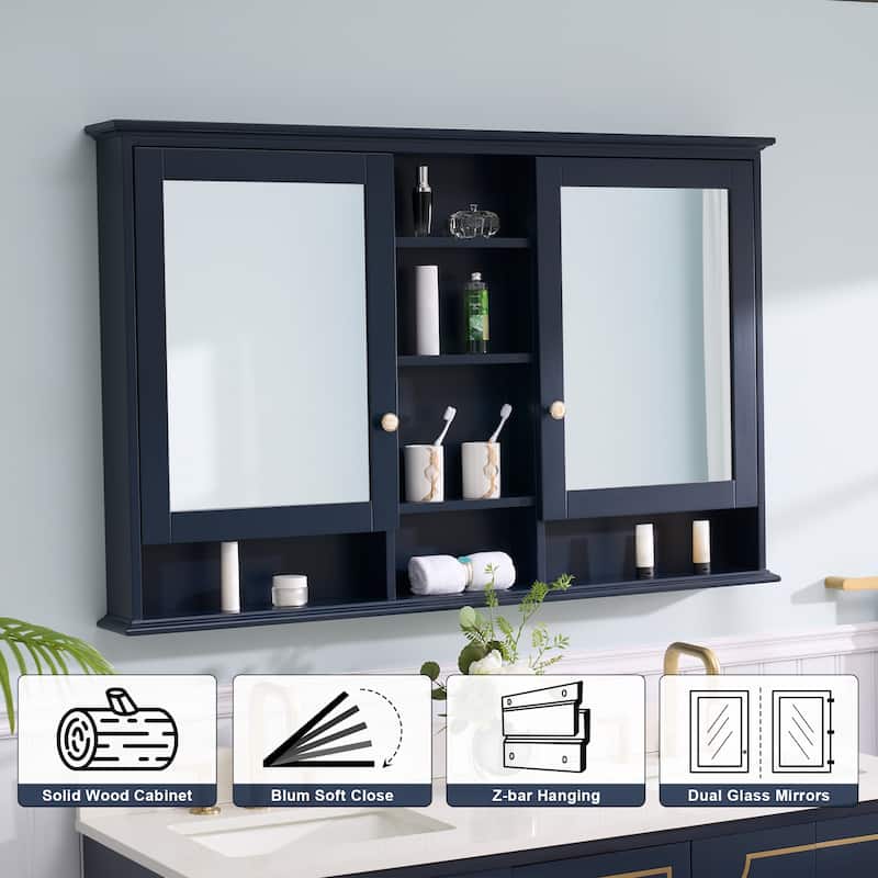 Modern Surface Mount Solid Wood Framed Medicine Cabinet With Mirror and Shelves