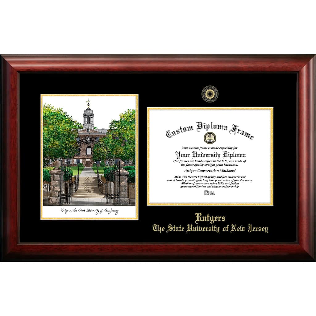 Rutgers University, The State University of New Jersey, 11w x 8.5h Gold Embossed Diploma Frame with Campus Images Lithograph