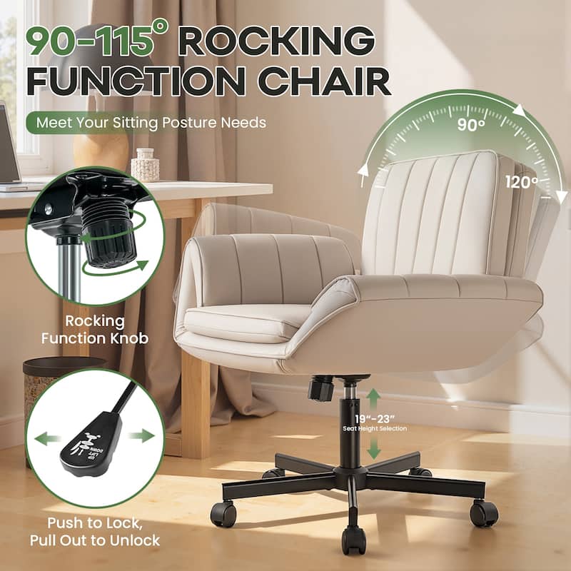 BOSSIN Criss Cross Office Chair with Arms and Wheels - Adjustable Swivel PU Leather Desk Chair for Makeup Vanity, Bedroom
