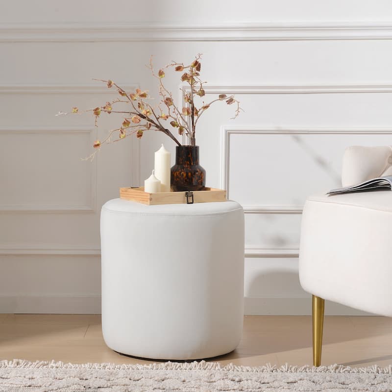 KINWELL Round Upholstered Pouf Ottoman Footrest - 18' x18' x18' - Velvet Off-white 18"