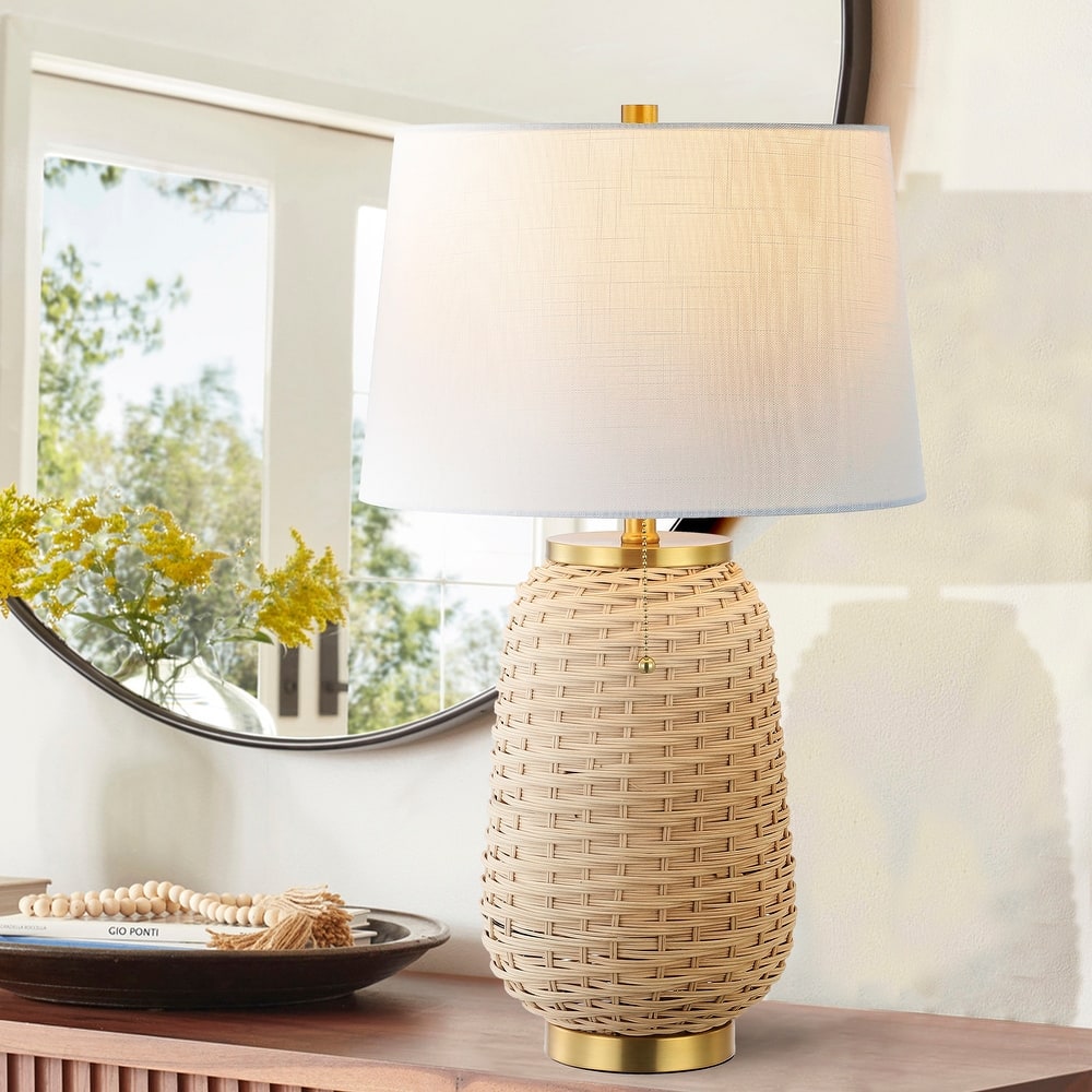 Finn 25" Rustic Bohemian Iron/Rattan LED Table Lamp with Pull-Chain, by JONATHAN Y