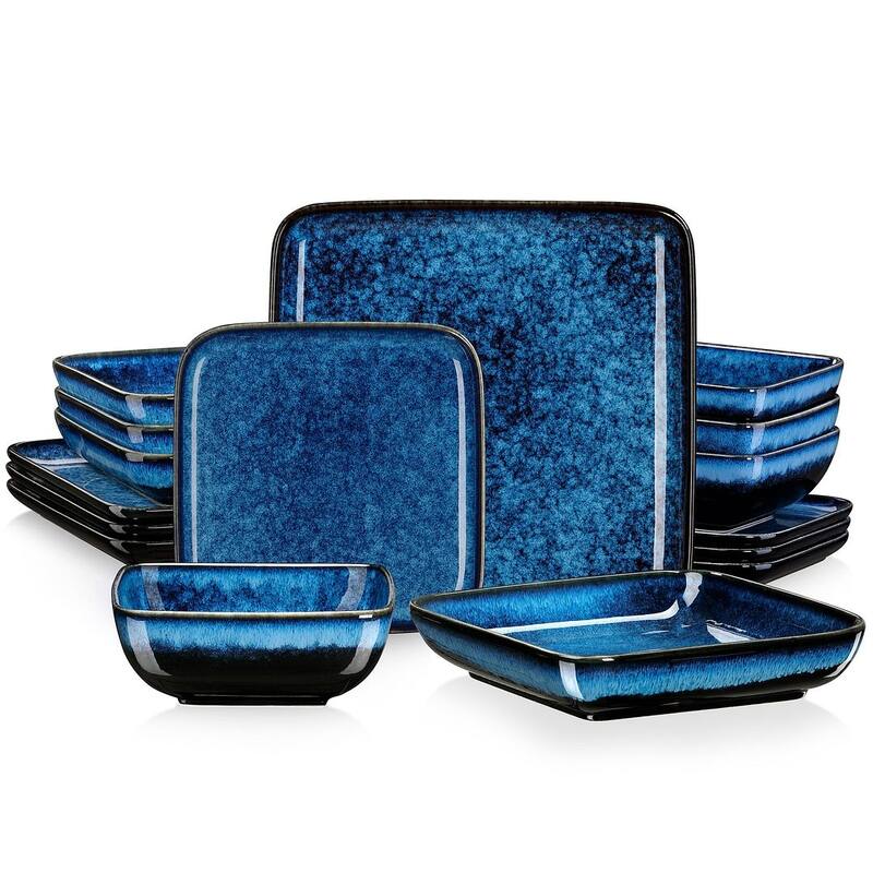 vancasso Stern Reactive Glaze Stoneware Dinnerware Set, Service for 4 - 16pc Dinner Set - Galaxy Blue