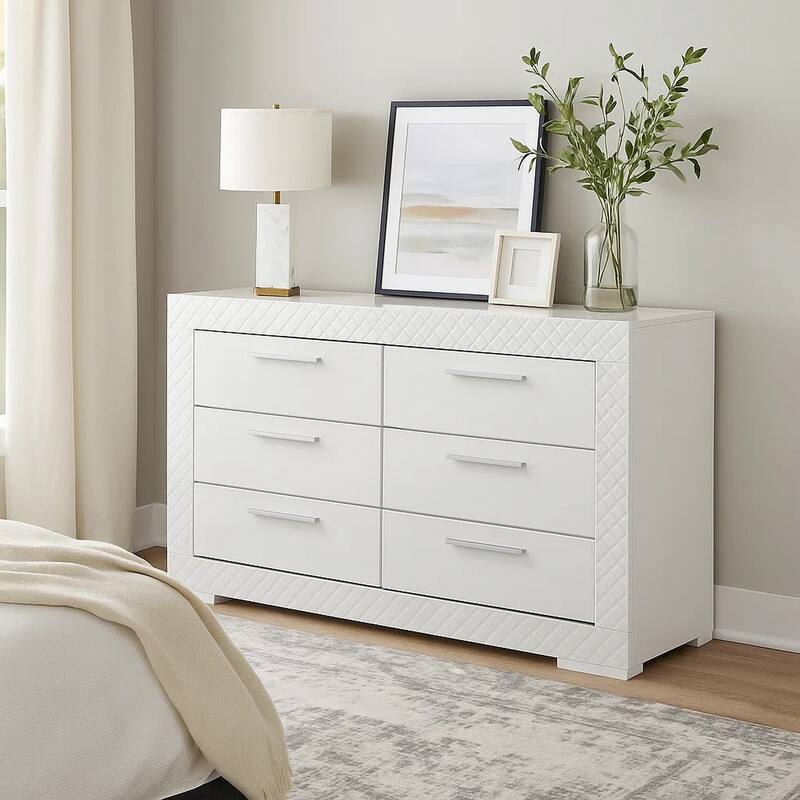 Dema 6 Drawer Wide Dresser, High Gloss White Textured Trim
