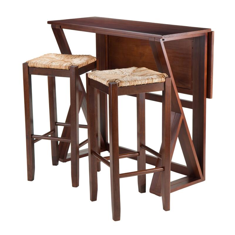 Set of 3 Warm Walnut Wood Leaf High Table with Rush Seat Stools 39.25"