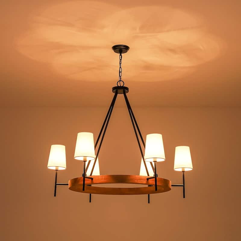 6-Light Vintage Farmhouse Wood Material Black Wagon Wheel Chandelier with Wood Material and Fabric Shade