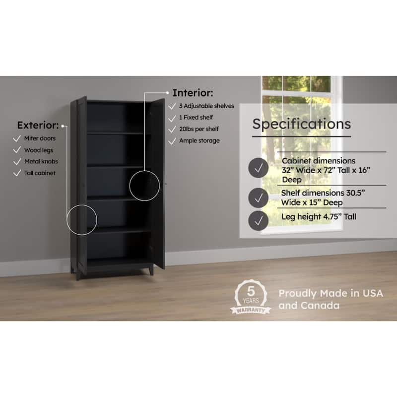 Prepac Yaletown 72" Tall Storage Cabinet with Wood Legs, Pantry Cabinet with 3 Adjustable Shelves - 32" W x 72" H x 16" D