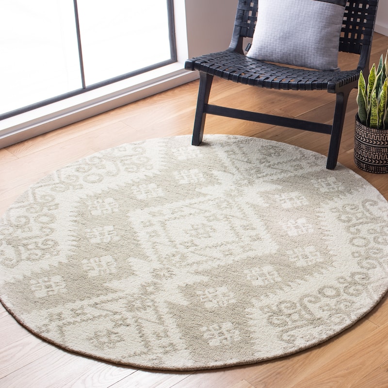 SAFAVIEH Handmade Snowflake Micro-loop Modern Wool Area Rug - 5' Round - Ivory/Beige