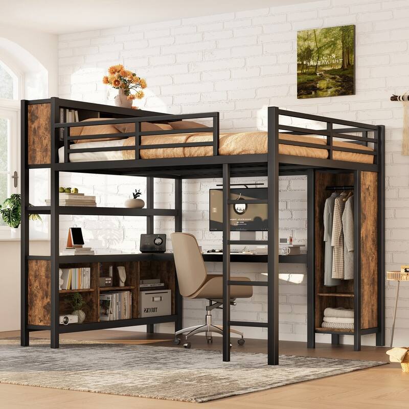 Queen Size Heavy Duty Metal Loft Bed with Wardrobe & L-shaped Desk, Multi-functional Storage Bed Frame with Cubes & Shelves - Brown