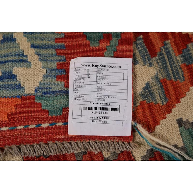 Geometric Kilim Oriental Large Rug Hand-Woven Southwestern Wool Carpet - 10'2"x 16'1"