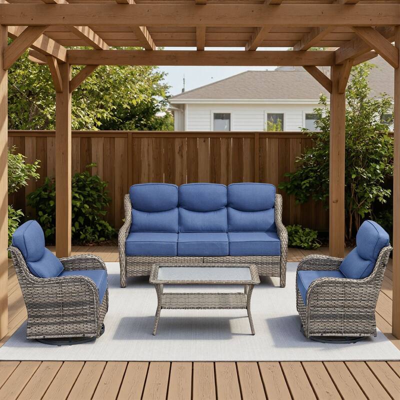 Arcadia 4-Piece Wicker Patio Conversation Set with Swivel Gliders and 6-Inch Thick Olefin Cushions - Navy Blue Cushions - Gray Wicker