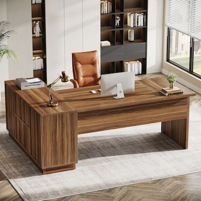 70.87-Inch L-Shaped Executive Desk with File Cabinet and Shelves, Large Computer Desk for Home Office
