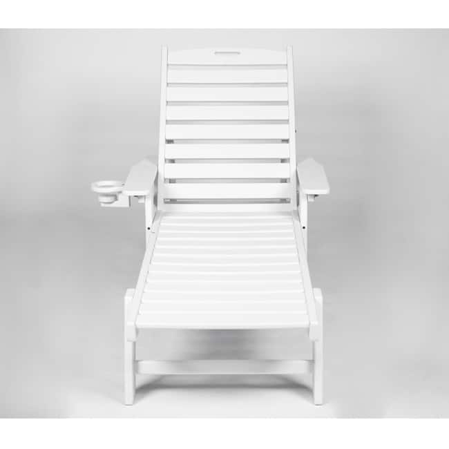 Oversized Outdoor Lounge Chair With Wood Texture‌ - Five-Position Adjustable HDPE Chaise Lounge Featuring Wheels And Cup Holder.