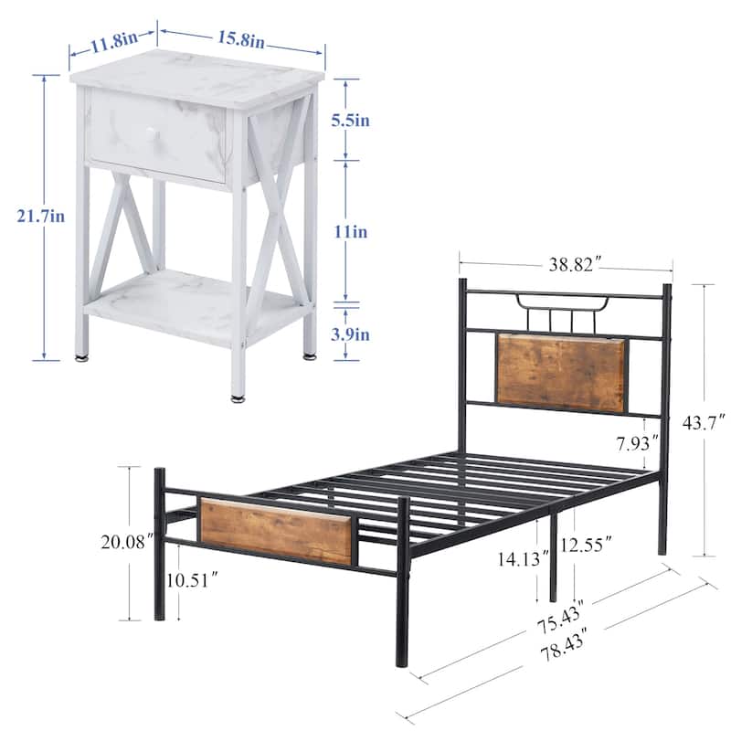 Taomika Mid Century 3-Pieces Bed and Nightstands Sets