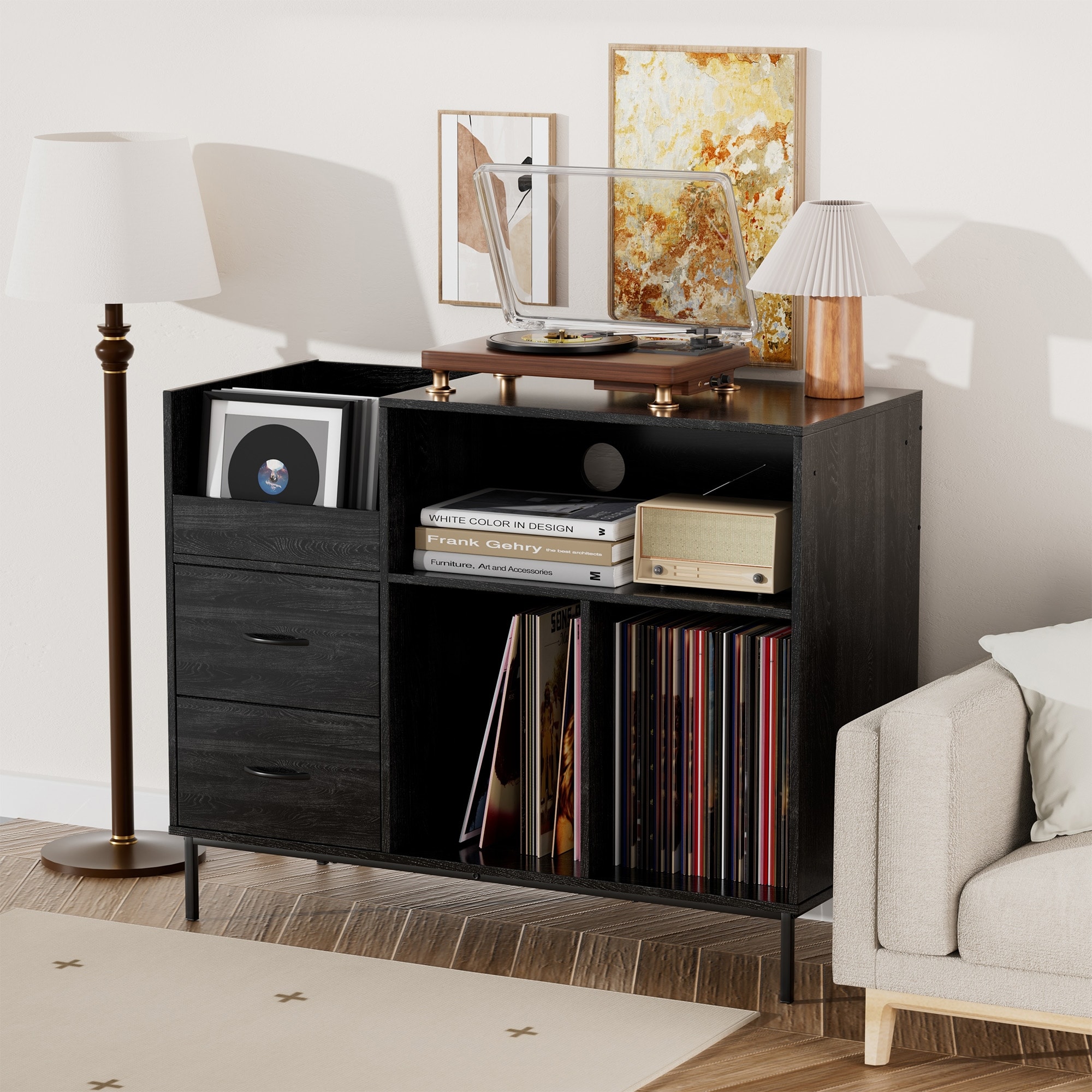 Black TV Stand with Adjustable Shelves, Media Console Cabinet Entertainment Center for Living Room, Bedroom