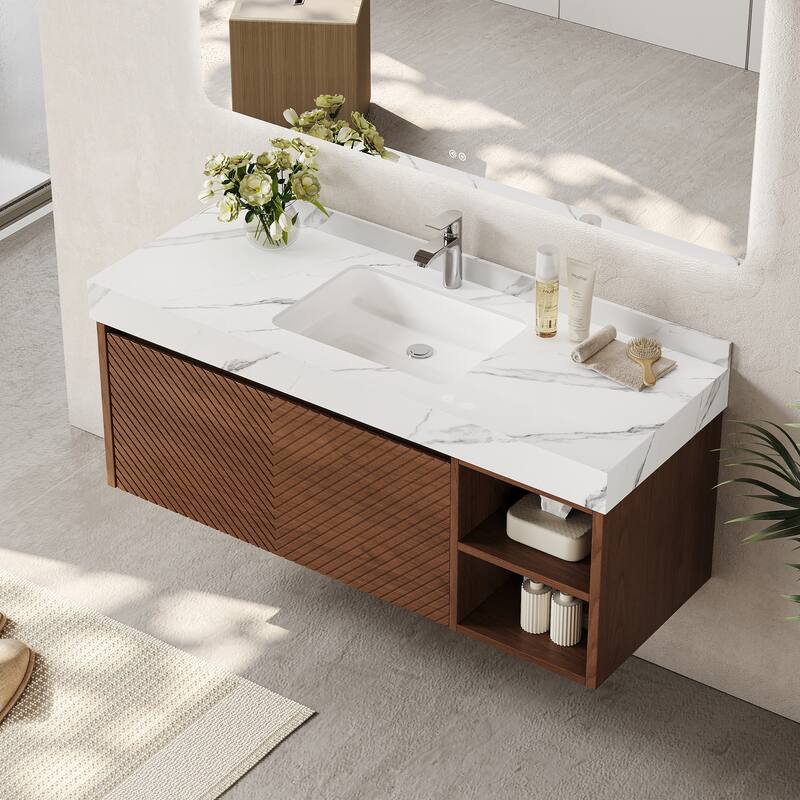 48" Modern Floating Single Bathroom Vanities with Sink, Brown or Natural wood, 2 Drawers
