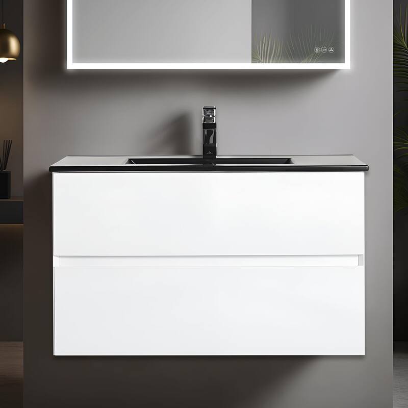 Blossom Wall Mounted Floating Bathroom Vanity with Double Acrylic Sink - Glossy White - 36" MB Ceramic Sink