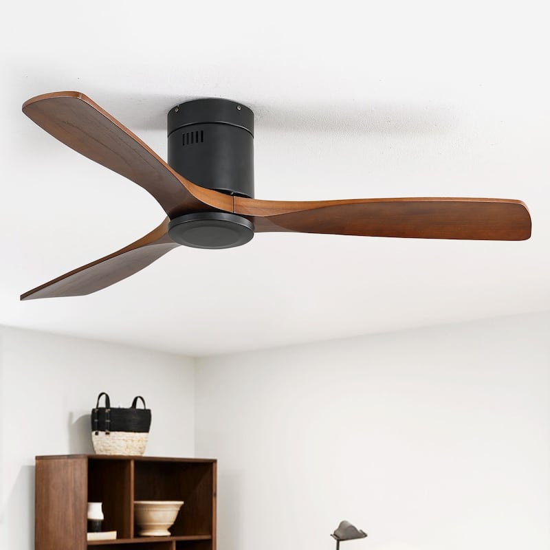 Sofucor 52" Low Profile Flush Mount Noiseless Ceiling Fan with Light and Remote,3 Solid Wood Blades,6 Speed Levels