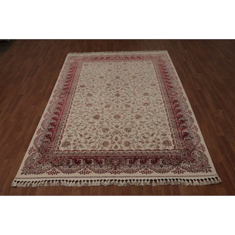 Machine Made Oriental 90% Silk - 10% Polyester Carpet Traditional All-Over Beige & Ivories Qum Area Rug - 9' 10'' X 6' 6''