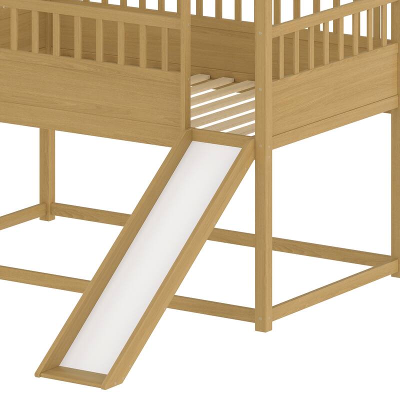 Twin Over Twin Floor Bunk Bed with Convertible Slide and Ladder, Twin Size Low Bunk Bed, Wooden House Bunk Bed Frame with Roof
