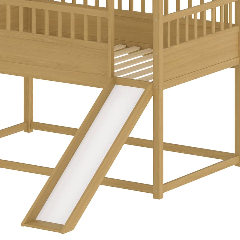 Twin Size House Bunk Bed with Slide and Ladder, Low Profile Wooden Frame with Guardrails, Convertible Entry Options