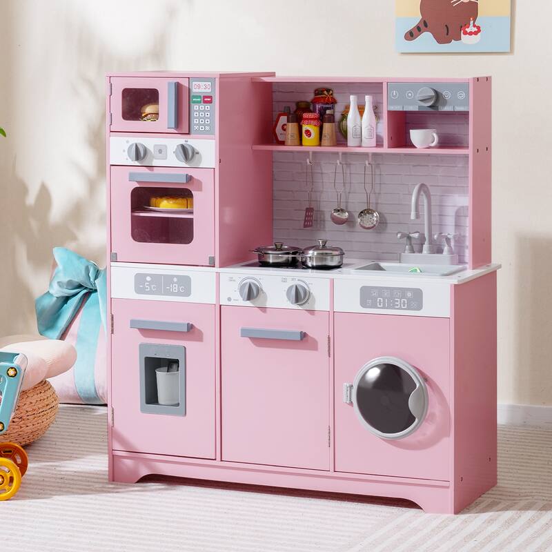 Gymax Kids Play Kitchen Toy Set w/ Water Dispenser Sink Faucet - Pink