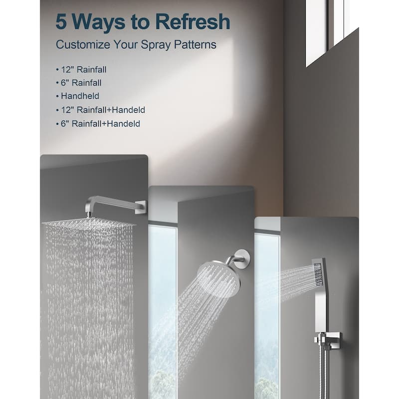 GRANDJOY Dual Shower Heads 12" Rainfall Thermostatic Shower System Faucet Set with Rough-in Valve