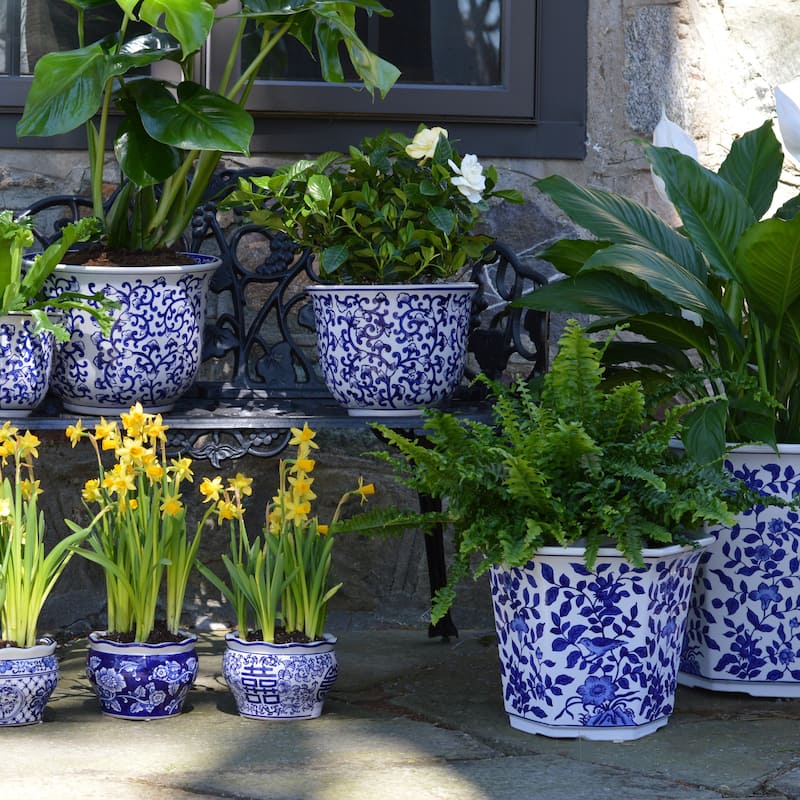 Euro Ceramica Blue and White Ceramic 3 Piece Terrace Garden Planter Set - 6 in. x 6 in. x 4.5 in.