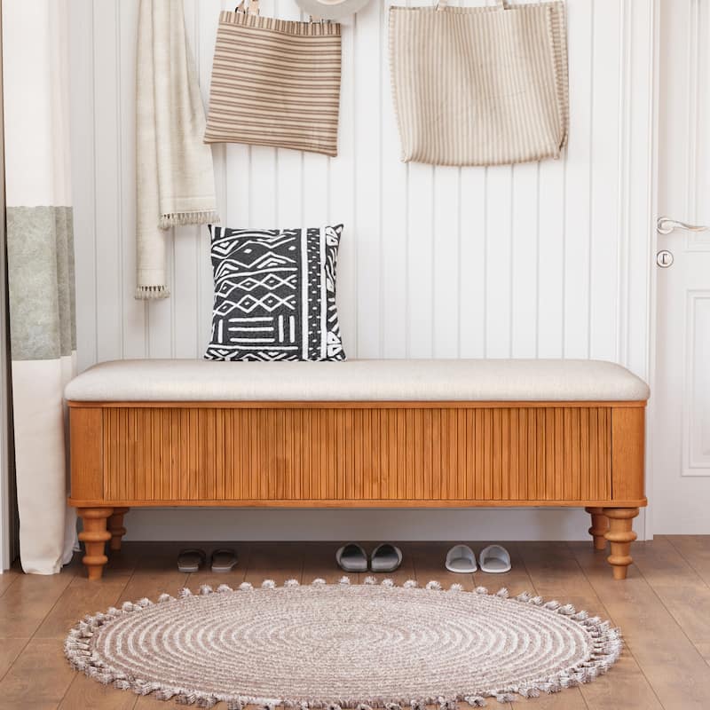 50.8-inch Multi-Functional Storage Ottoman Bench-Solid Rubberwood Bed End Bench with Linen Seat, Storage Bench for Bedroom
