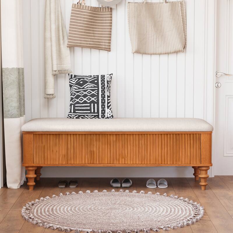 GDFStudio Vaelorian Solid Rubberwood Storage Ottoman Bench with Linen Seat