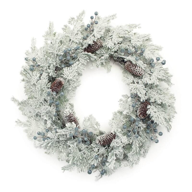 HomeRoots 24" White Flocked Pine And Pinecone Artificial Wreath