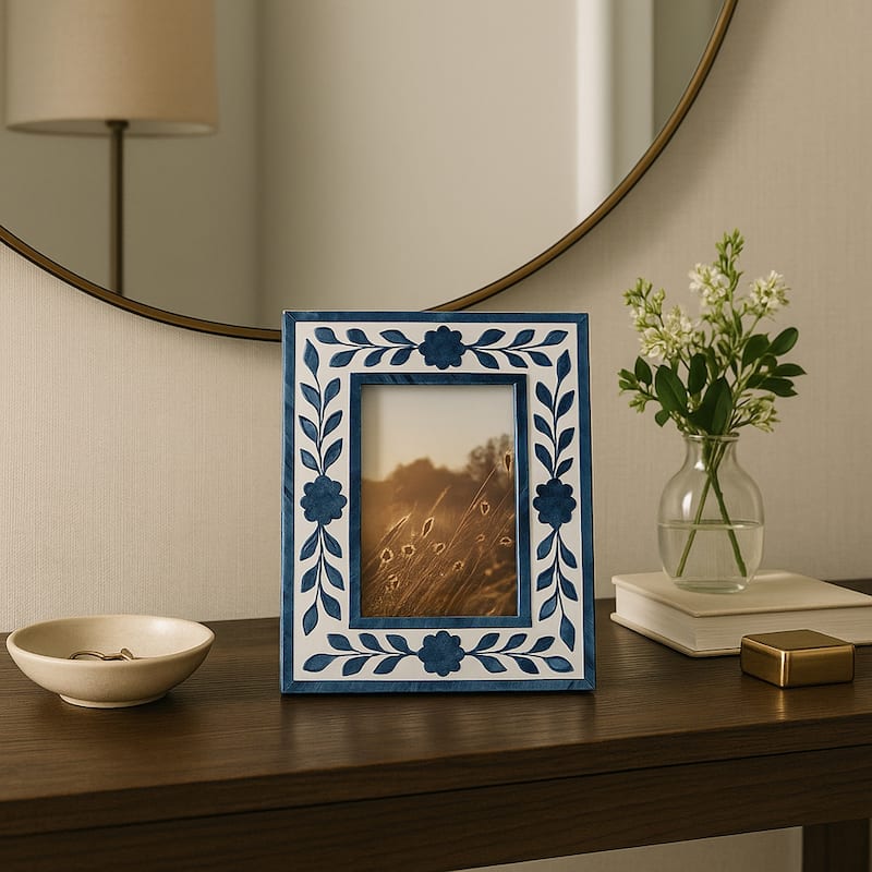 Resin and Wood Floral Petals Photo Frame - Blue, 4x6 in. - Blue/ White - 8.5"